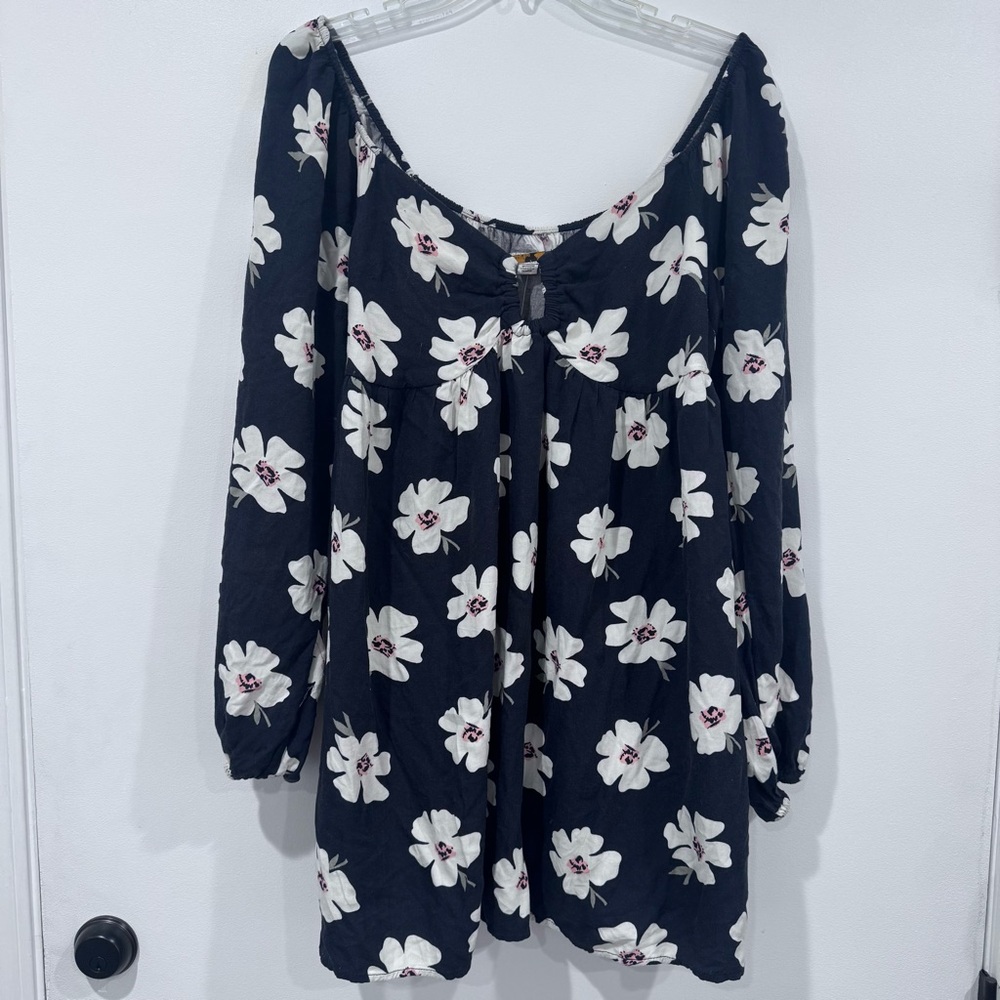 American Eagle AE Black Floral Puffy Cuff V-Neck Mini Boho Dress Size XL